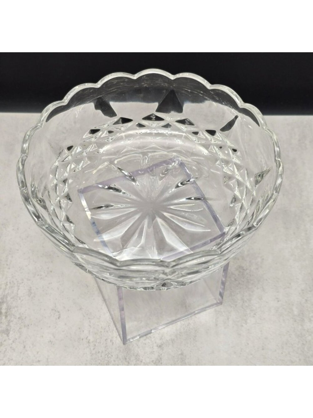 Vintage Lonchamp Cut Glass Bowl With Scalloped Edge And Diamond Pattern Design